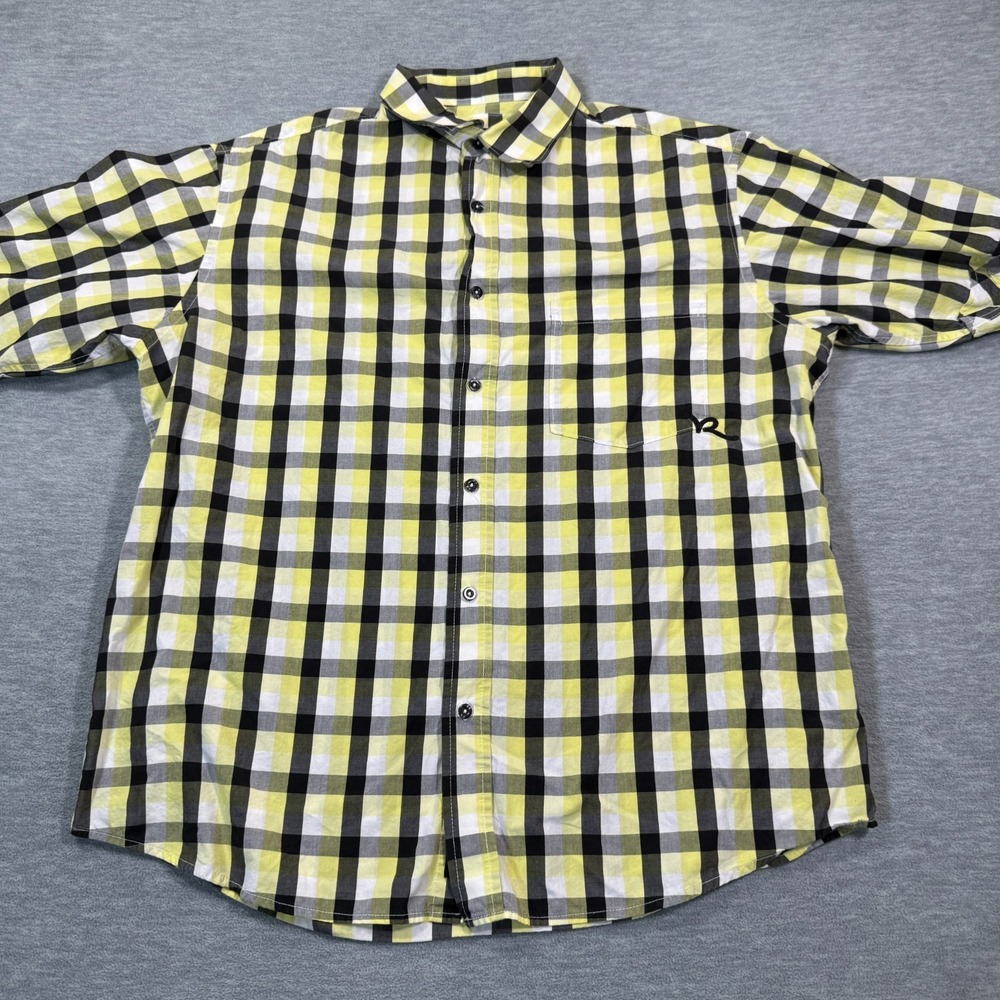 Rocawear Shirt Men XL Yellow Black White Plaid Button Up Casual Checkered Top‎